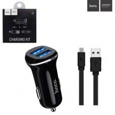 Зарядное устройство HOCO Z1 2USB 5V, 2.1A автомобильное + шнур micro USB черный для планшетных и мобильных устройств